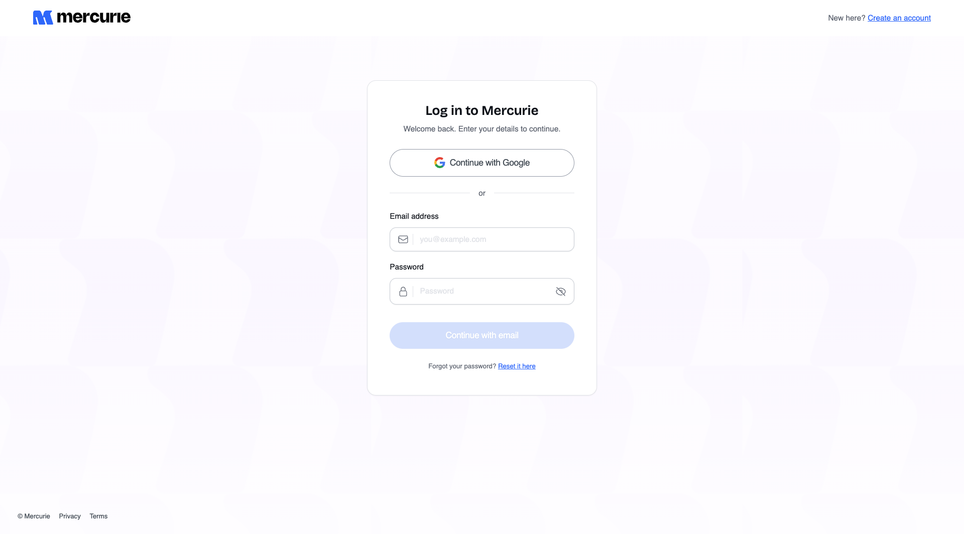 Mercurie log-in screen with Continue with Google, email and password fields, and a Reset it here link.