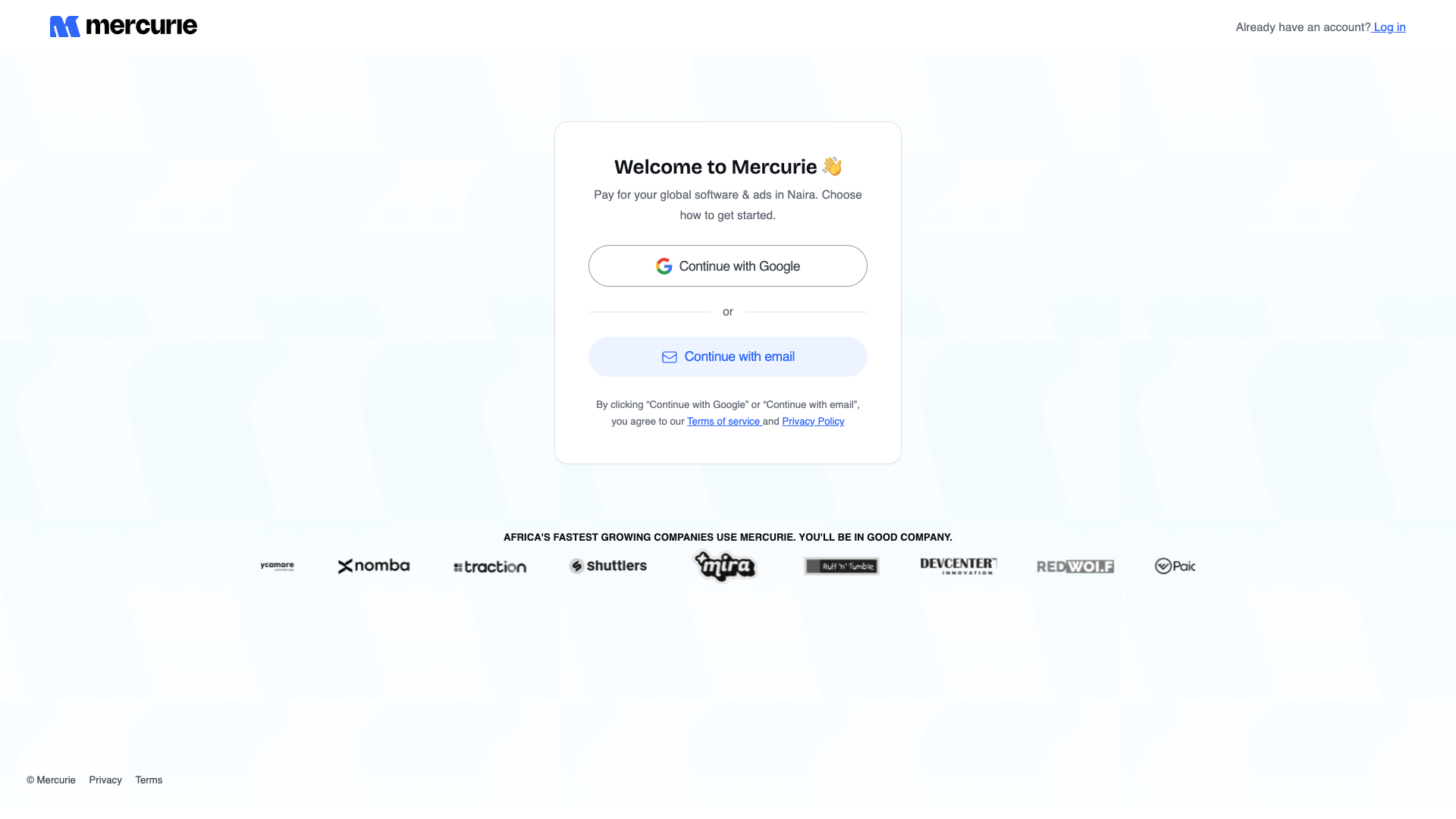 Mercurie sign-up screen with Continue with Google and Continue with email options.