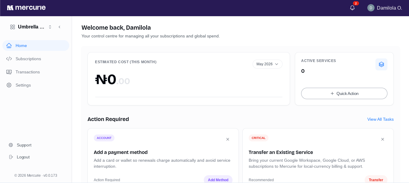 Mercurie dashboard with the Quick Action menu open and Add New Subscription visible.