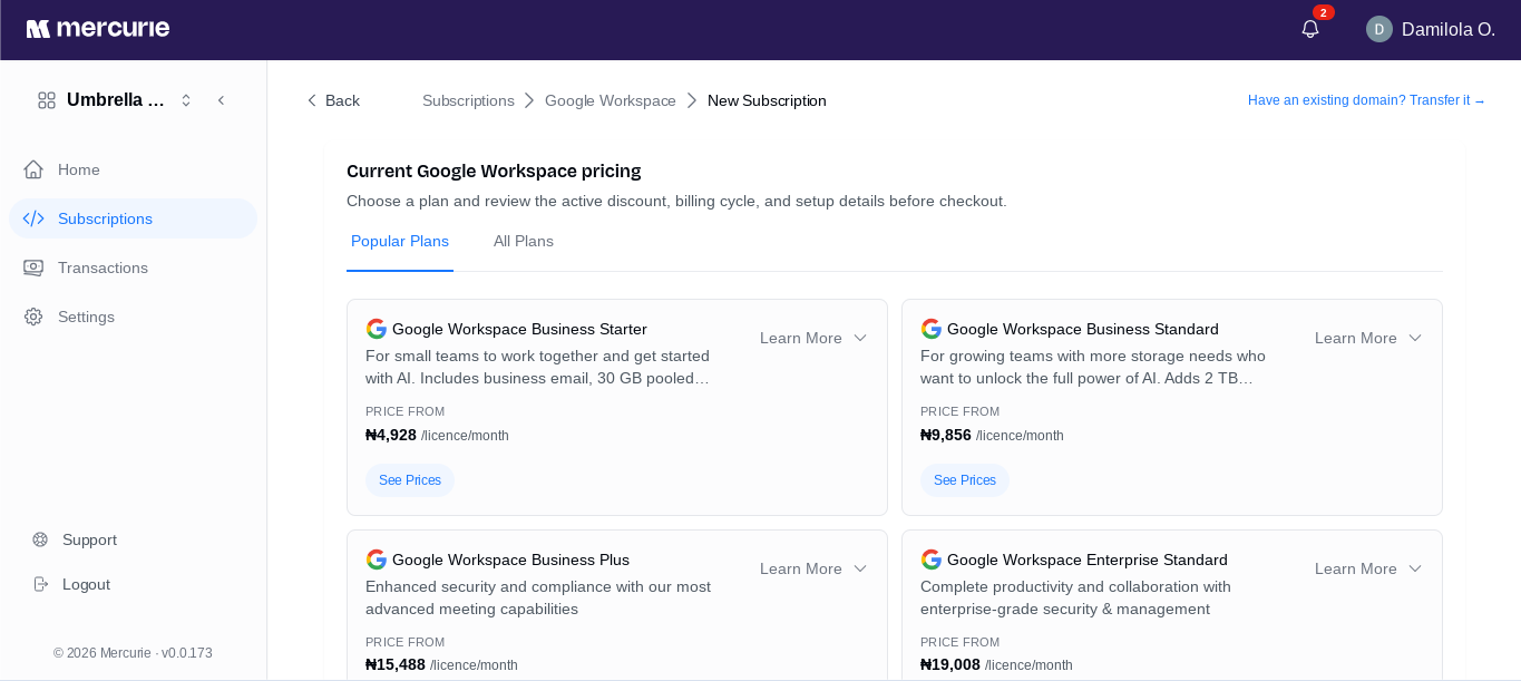 Mercurie Google Workspace pricing page with plan cards for Business Starter, Standard, Plus, and Enterprise Standard.