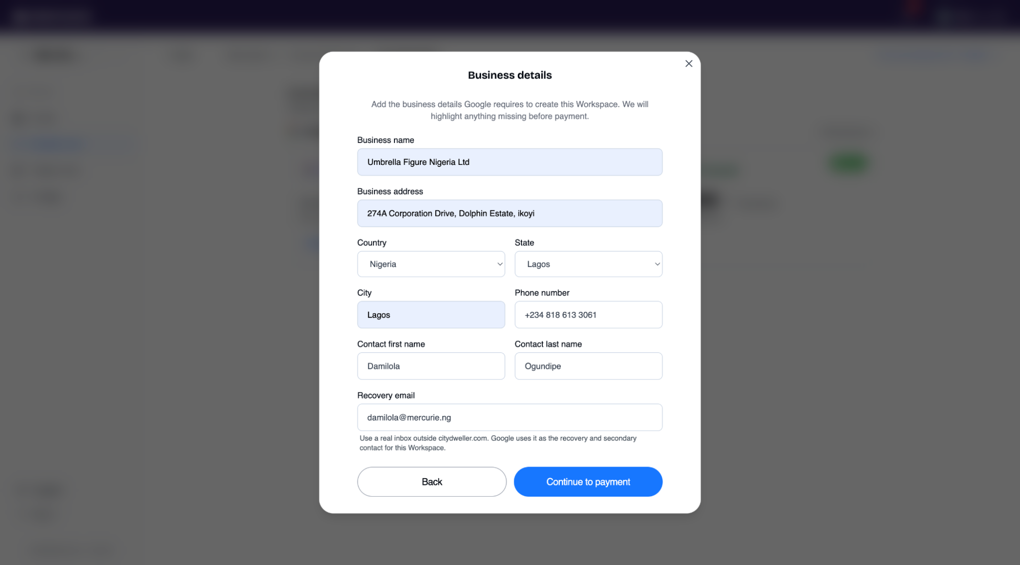 Mercurie Business details modal for Google Workspace provisioning.