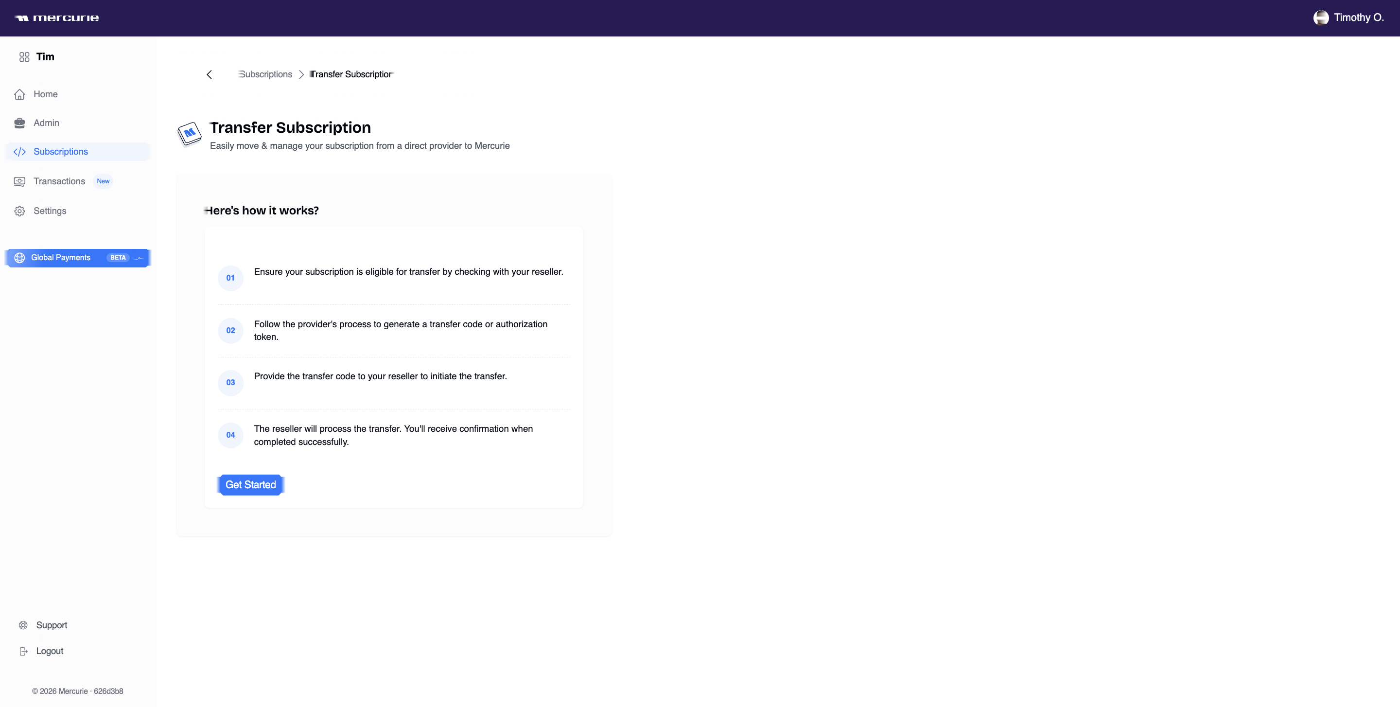 Mercurie Transfer Subscription landing page with a four-step 'How it works' card and a Get Started button.