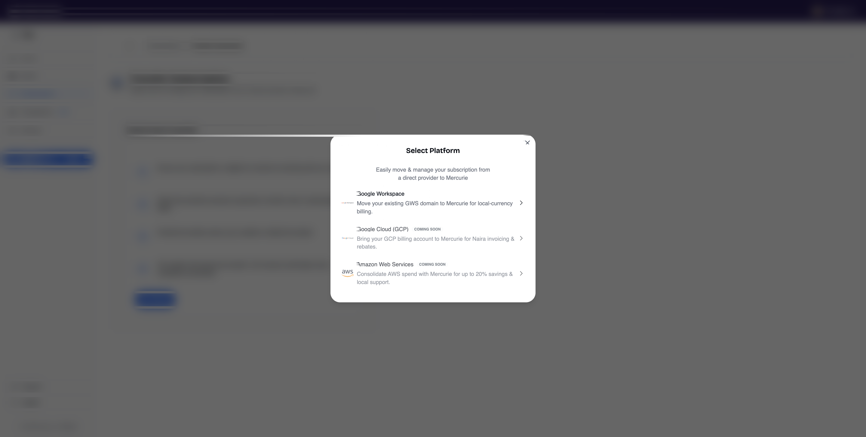 Mercurie Select Platform modal with three options: Google Workspace (available), Google Cloud (coming soon) and AWS (coming soon).