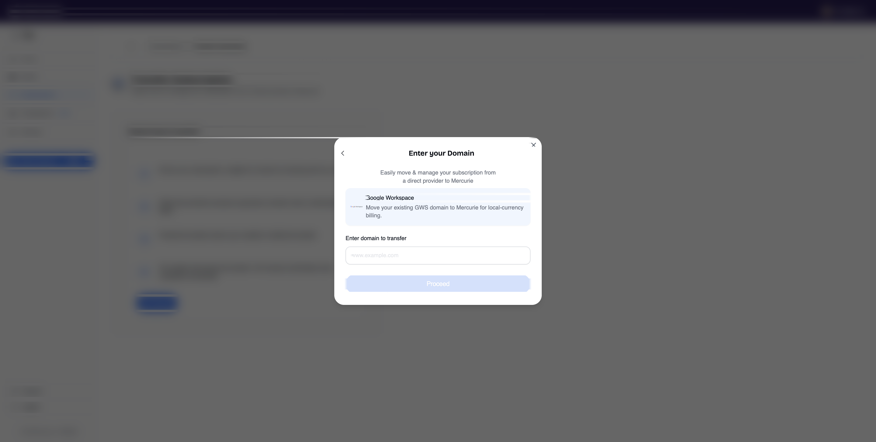 Mercurie modal asking for the Google Workspace domain to transfer, with an empty domain input.