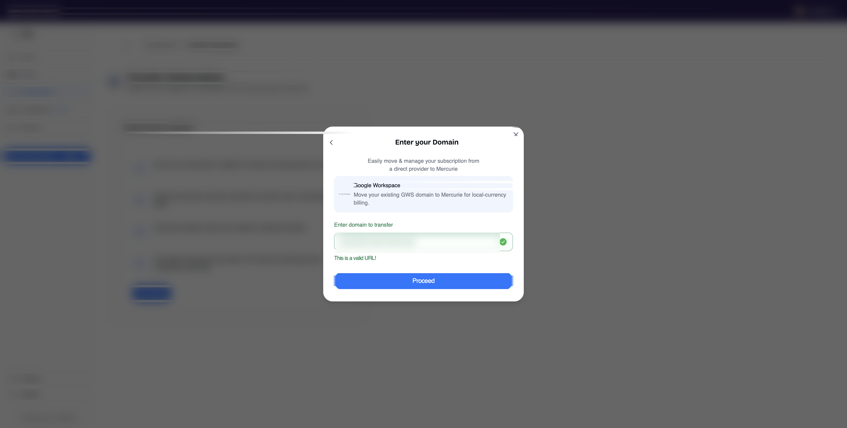 The Enter your Domain modal in Mercurie with a domain typed in and a green check appearing in the input.