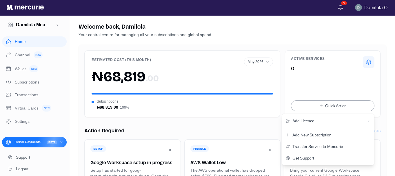 Mercurie dashboard with the Quick Action menu open and Transfer Existing Subscription visible.
