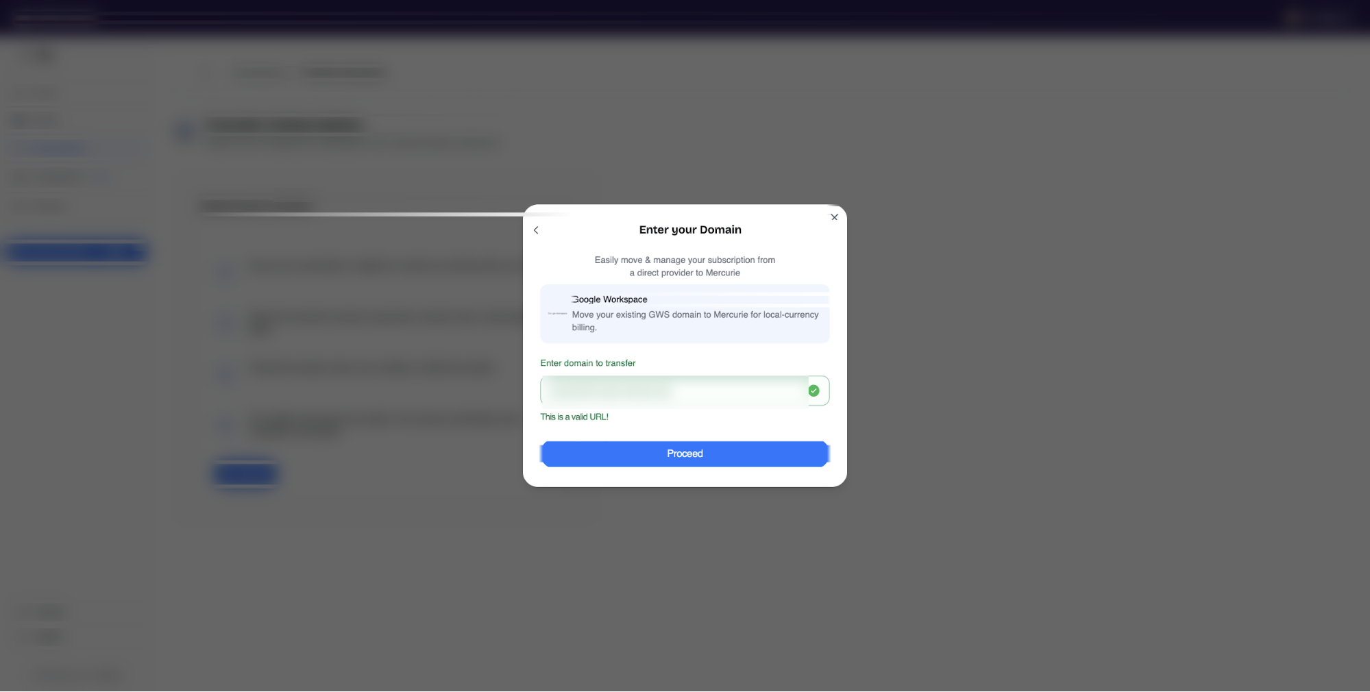 The Enter your Domain modal in Mercurie with a domain typed in and a green check appearing in the input.