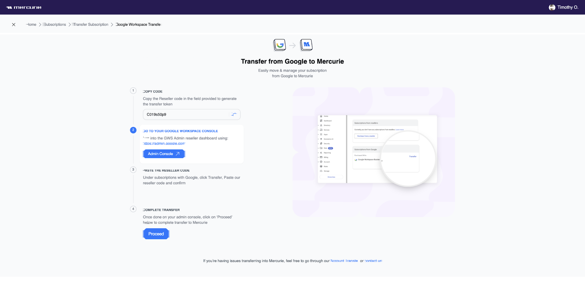 Mercurie's four-step Google Workspace transfer wizard, showing the reseller code, an Admin Console button, and a Proceed button.