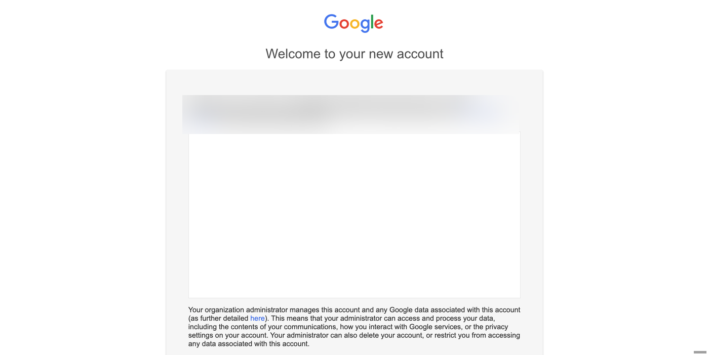 Google's 'Welcome to your new account' page after opening the Workspace activation link, with the personalised greeting line redacted.