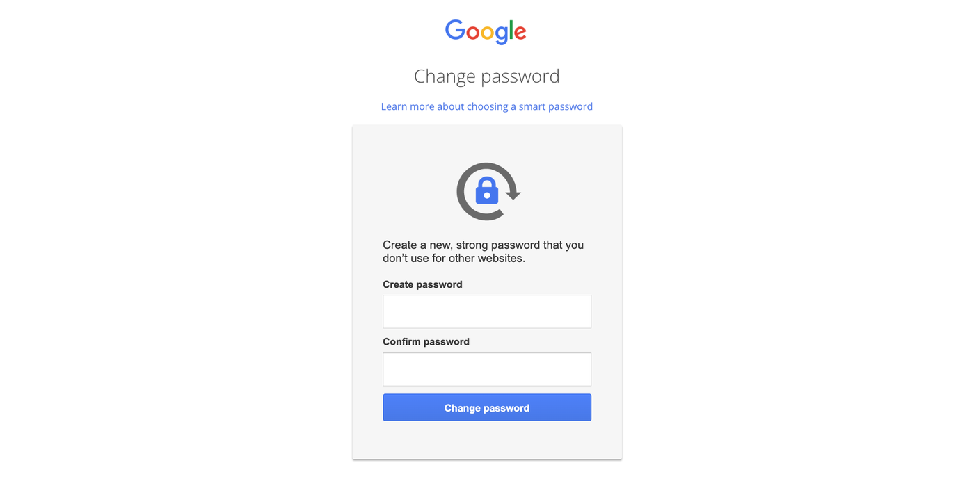 Google's 'Change password' page with two empty input fields labelled 'Create password' and 'Confirm password' and a blue 'Change password' button.