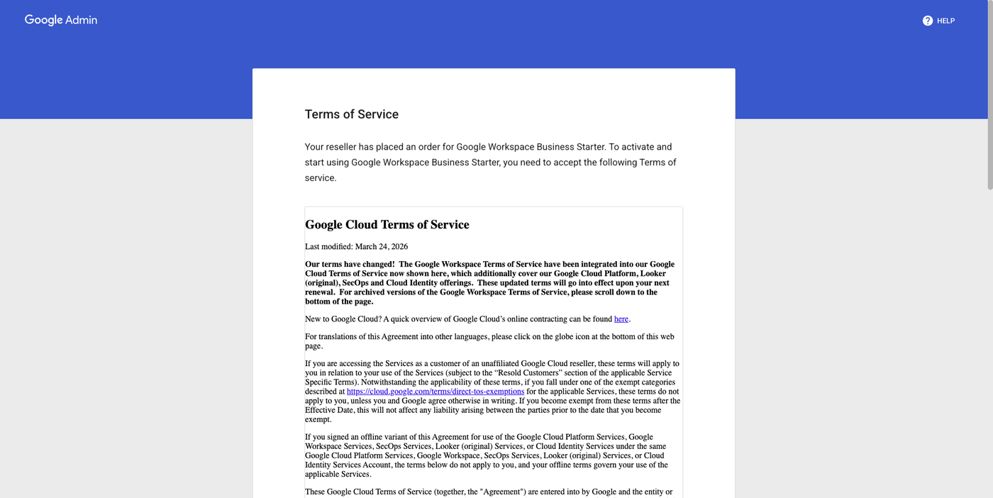 Top of the Google Workspace Terms of Service page in admin.google.com — header reads 'Google Cloud Terms of Service' followed by a long agreement body.