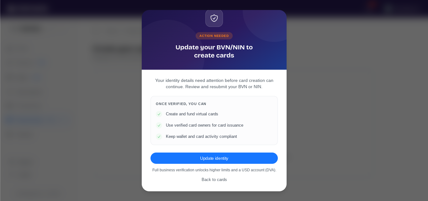 Mercurie Virtual Cards identity update prompt.