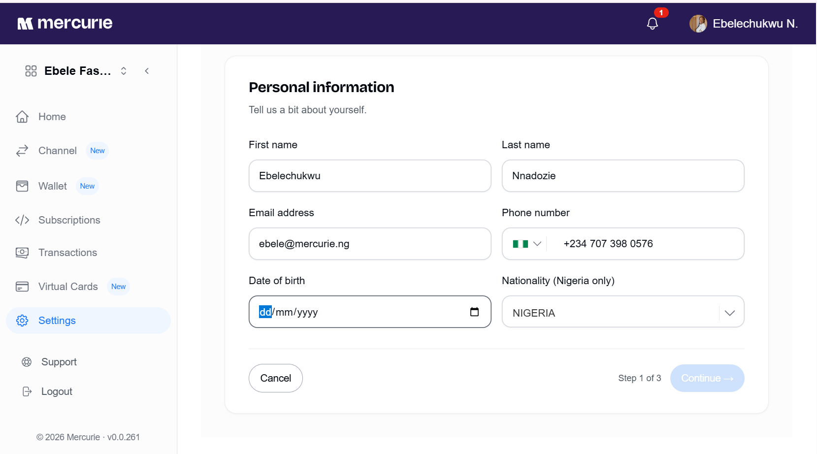 Mercurie personal information form.